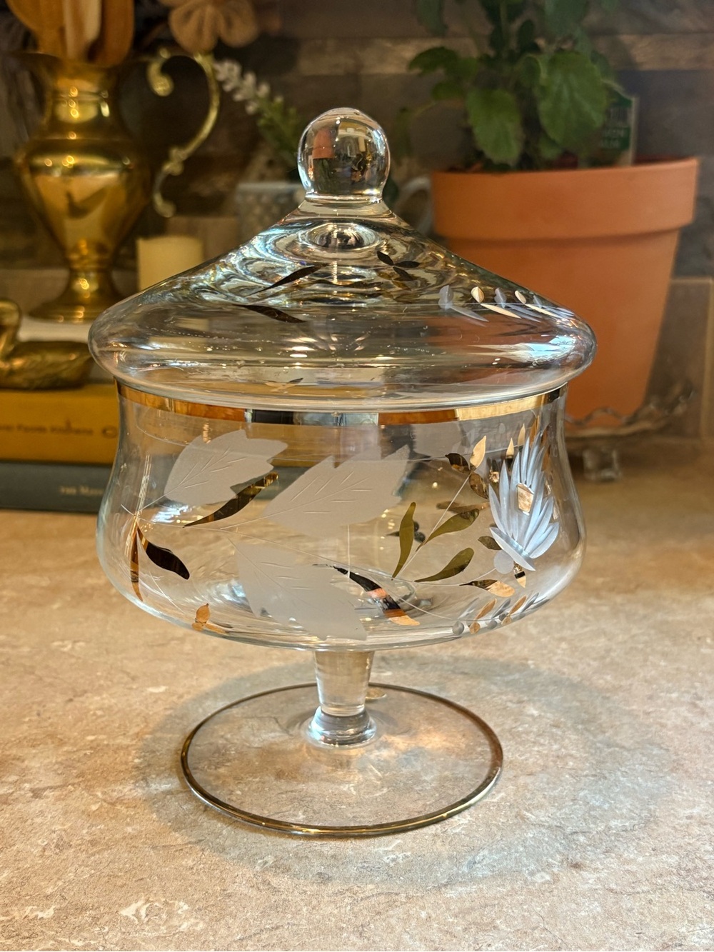 Vintagew Romanian Crystal Lidded Candy Dish Gold Frosted Leaf Pedestal Bowl - Picture 2 of 8